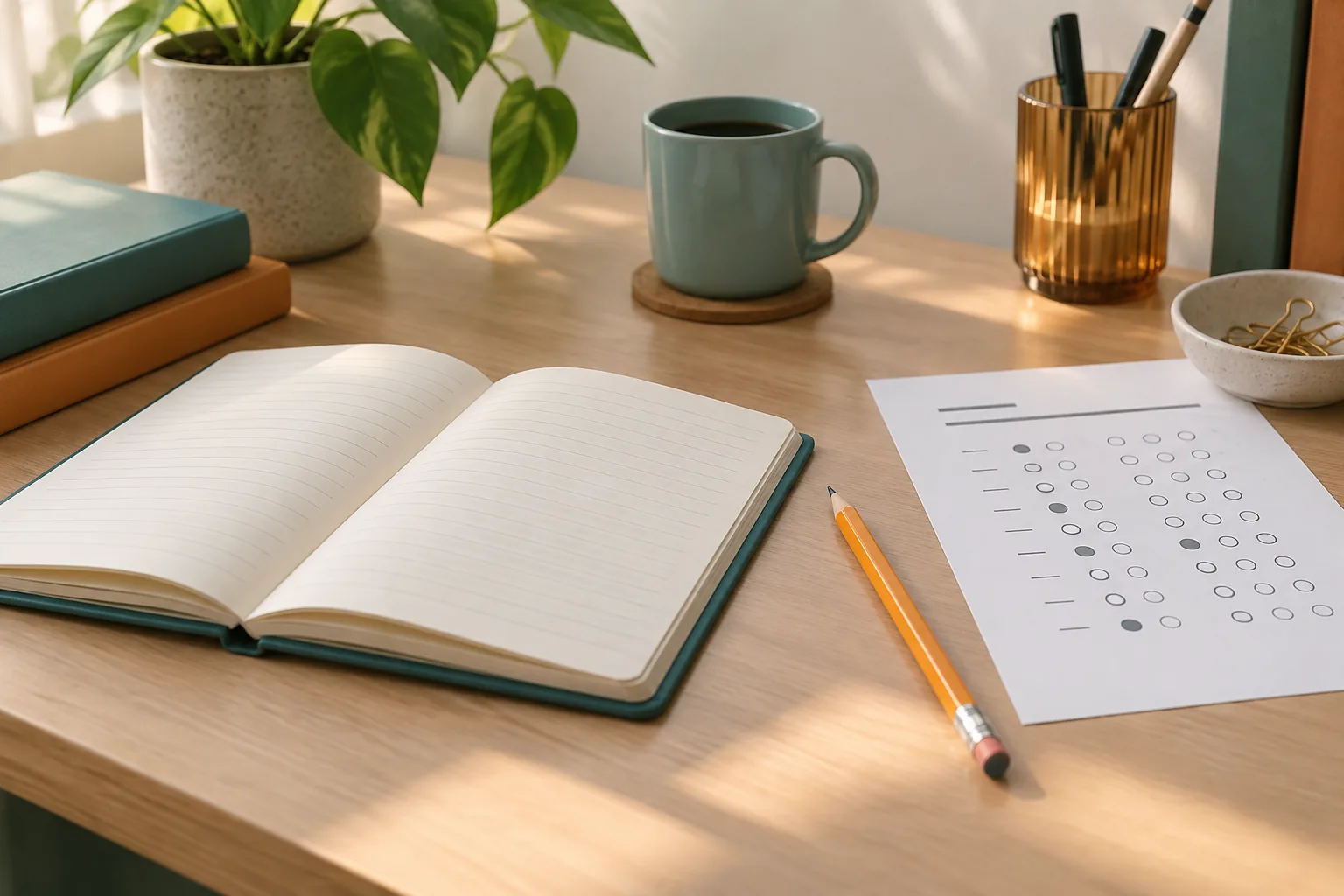 Decorative illustration of a notebook and multiple-choice study scene