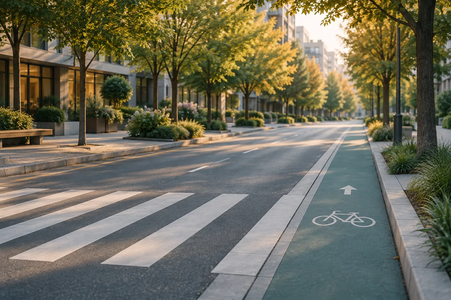 Decorative illustration representing pedestrians and cyclists sharing the road