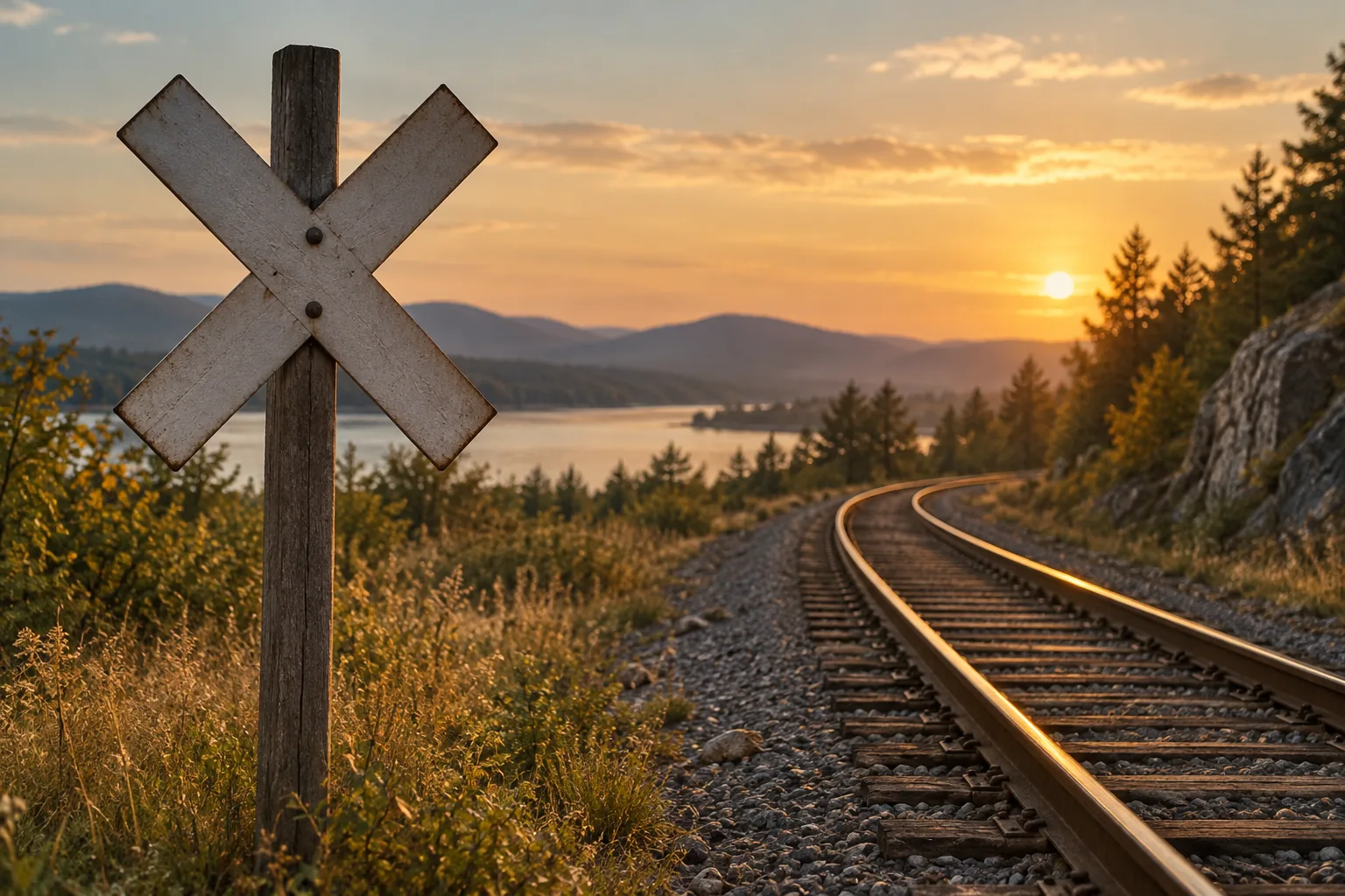 Decorative illustration representing a railroad crossing